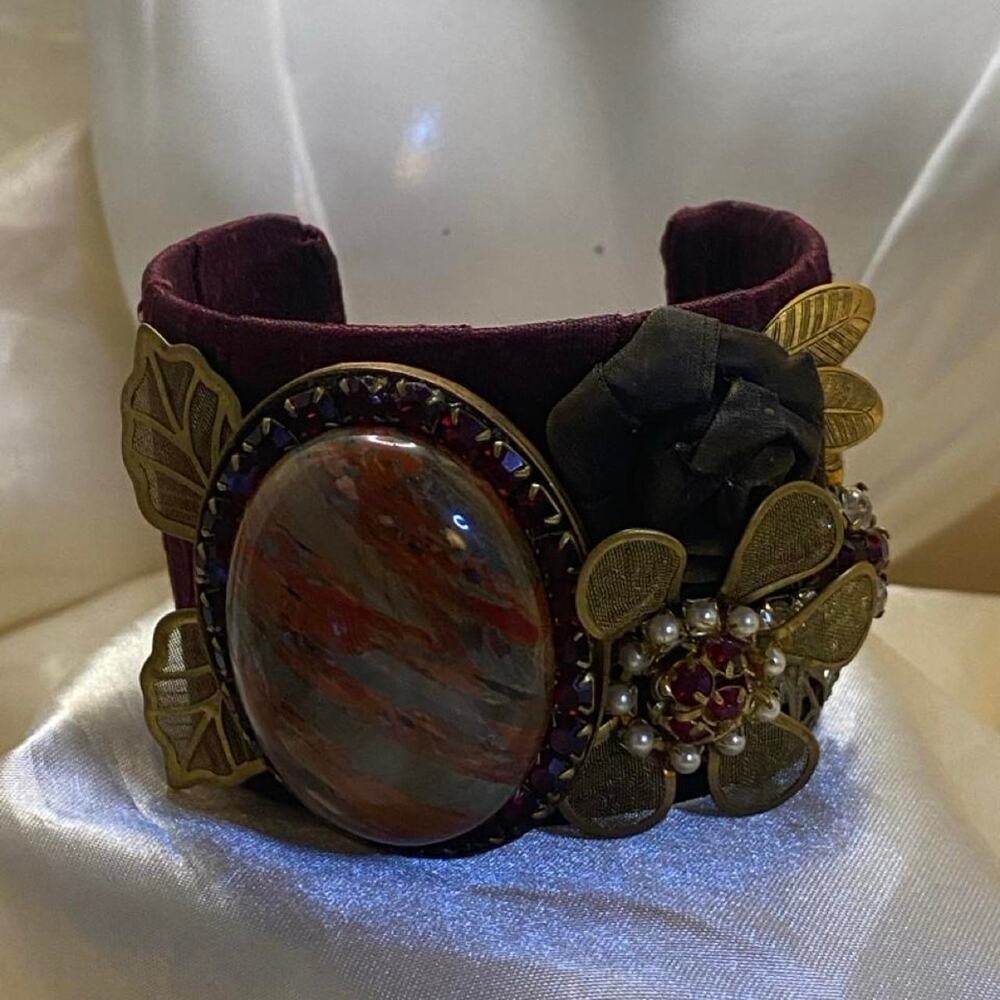 Vintage Burgundy Velvet Cuff Bracelet Large Jasper Stone Rhinestone Flora